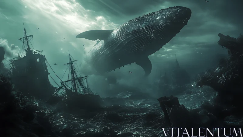 Colossal whale drifts above ghostly shipwreck graveyard.