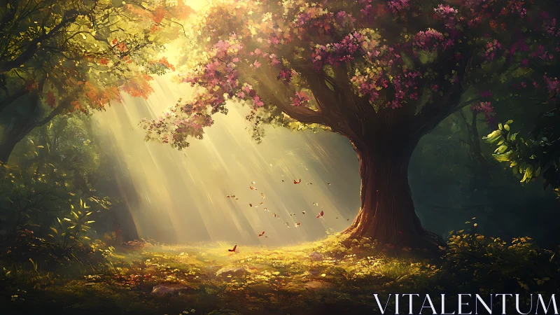 Enchanted Forest Scene with Sun Rays and Blossoming Tree, Digital Art.