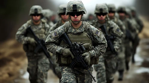 Armed soldiers march in formation through a misty training route