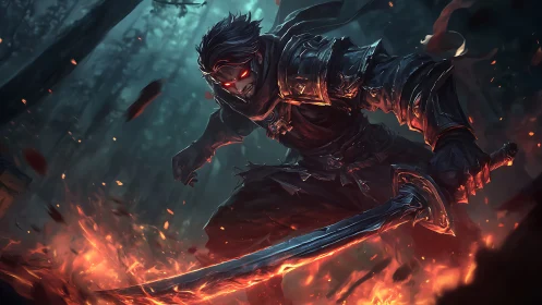 Bladeborn shadow knight strides through emberlit forest.