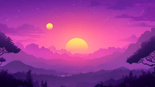 Twin-sun lavender horizon bathing alien forests in glow.