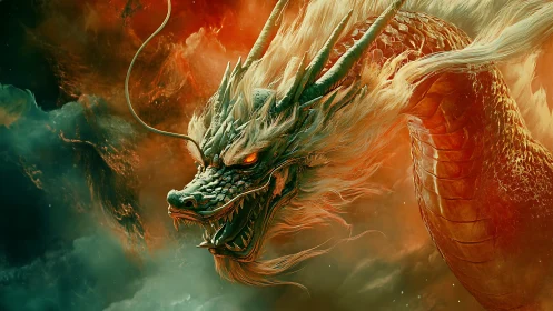 Mythic fire dragon curls through stormlit emerald clouds.