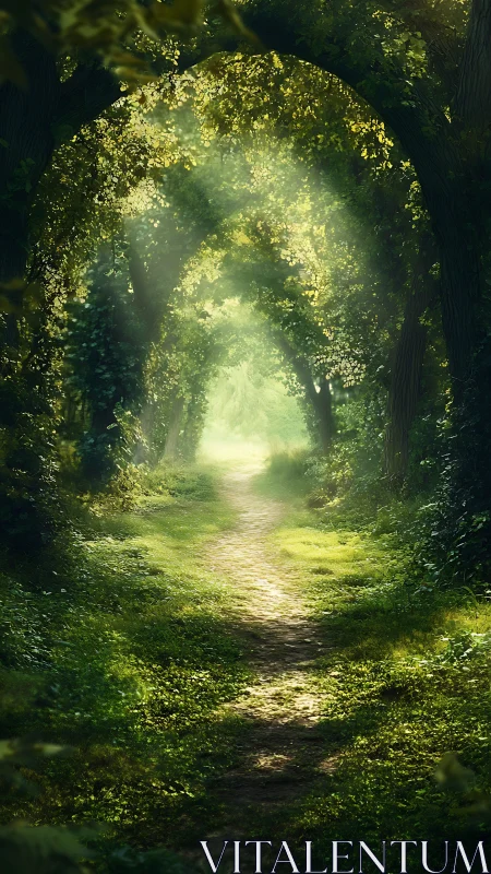 Luminous Forest Tunnel Bathed Ethereal Dappled Sunlight Path