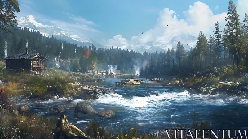 Mountain river cabin under clear sky with misted forest.