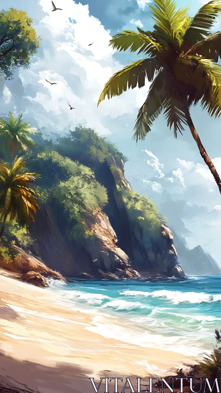 Tropical Coastal Cliffs with Palm Trees and Sandy Beach.