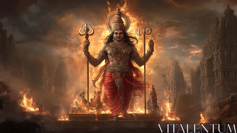 Hindu warrior deity strides through burning ancient temples.