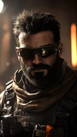 Bearded tactical soldier in sunglasses facing camera directly