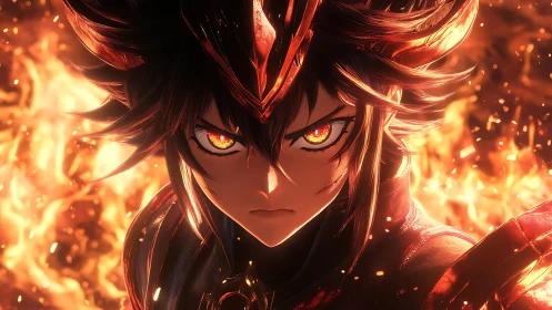 Demonic anime warrior emerges from inferno with blazing eyes.