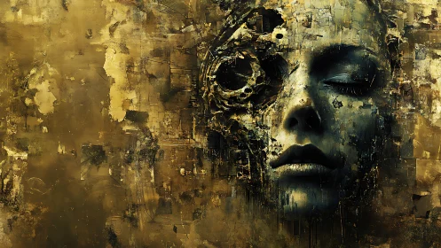 Fragmented metallic face emerging from textured gold void.