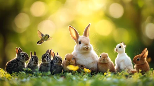 Hummingbird hovering above rabbit family in sunlit meadow