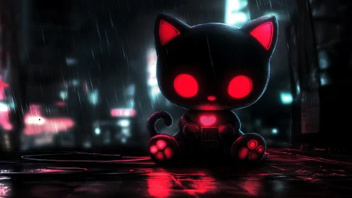Neon-lit cybernetic cat plush with emissive red core in rain-soaked alley