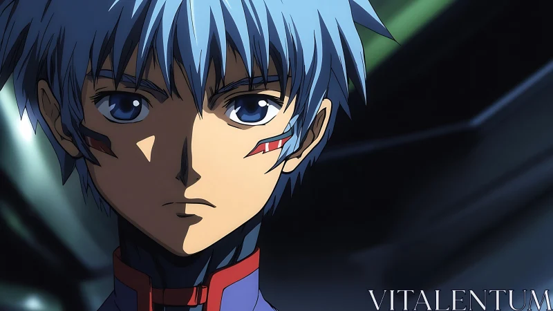 Blue-haired anime pilot gazes ahead with stoic resolve.