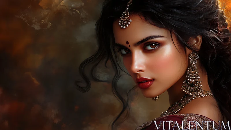 Ember glow gaze of a jeweled woman in rich autumn light.