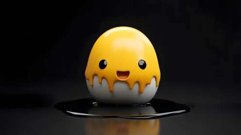 Cute 3D Smiling Character with Yellow Drip on Glossy Black Background.