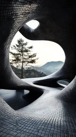 Futuristic tiled pavilion framing misty mountain landscape.