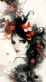 Surreal portrait merges woman profile, ink hair, red butterflies