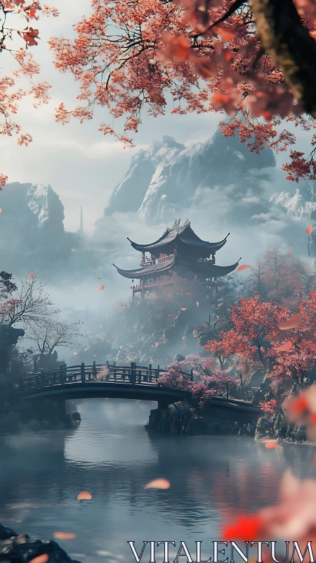 Misty mountain temple overlooks serene cherry blossom river.