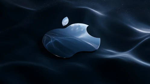 Reflective metallic apple emblem on dark fluid wave field.