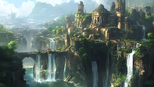 Epic fantasy cliffside citadel with waterfalls in digital painting.