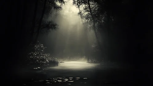 Volumetric light beams over shadowed forest waterway.