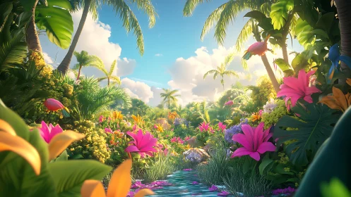 Sunlit tropical garden invites a dreamy, flower filled escape