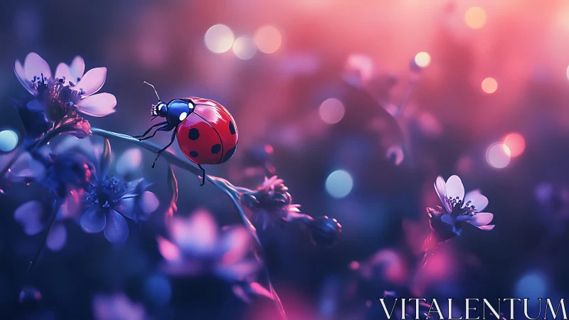 Dreamlit ladybug macro on neon meadow flora composition.