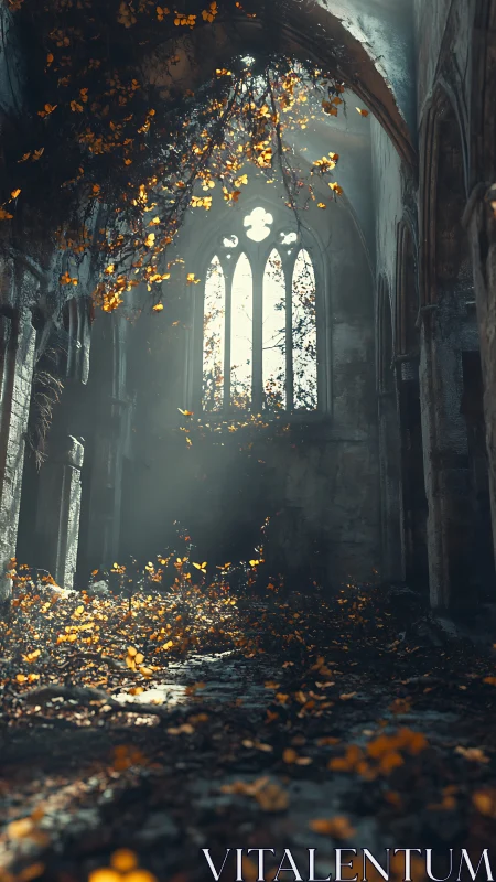 Golden leaves drift through light in a ruined gothic hall