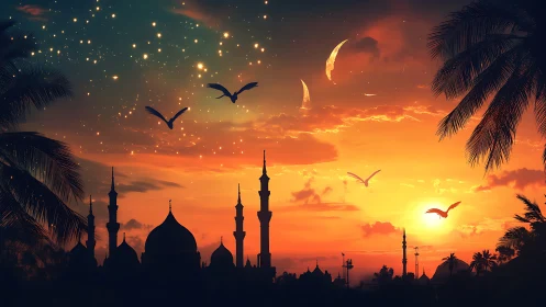 Silhouetted mosque skyline aligns with stylized sunset sky