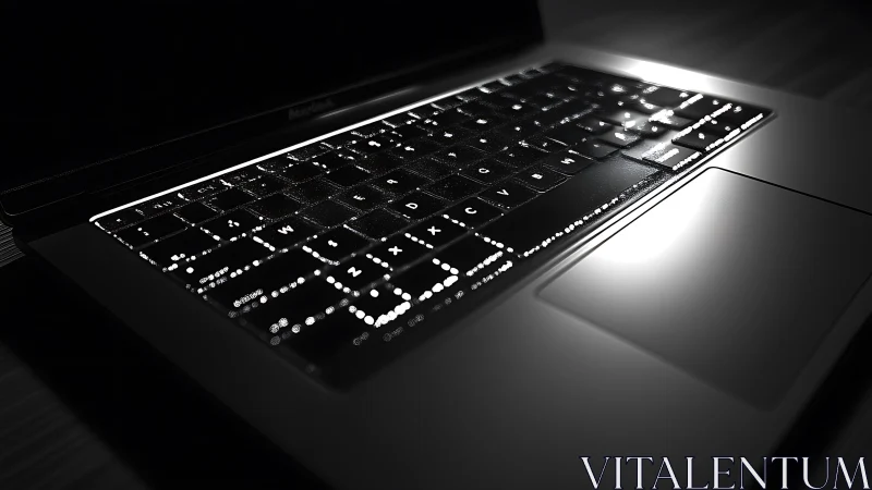 Moody laptop keyboard glowing softly in the dark night.