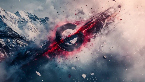 Shattering energy ring cuts through mist and mountain sky