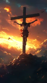 Crucifixion silhouette against volumetric sunset cloudscape renders