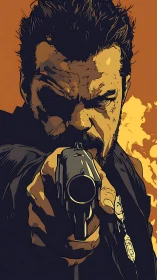 Hard-edged vigilante portrait with gunpoint perspective.