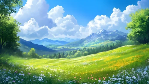 Luminous alpine meadow under cumulus-rich atmospheric depth.