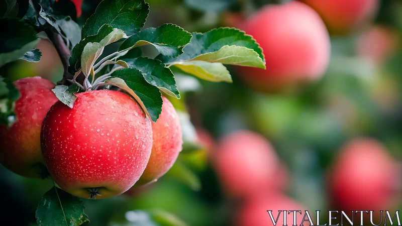Ripe red apples hang on leafy branch in soft orchard light.