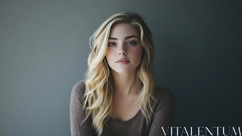 Calm blonde woman in soft light against gray studio wall.
