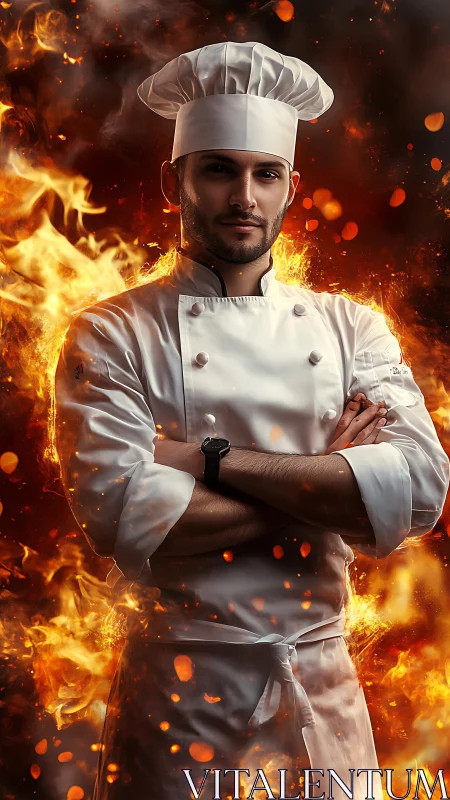 Professional chef in white uniform surrounded by flames.