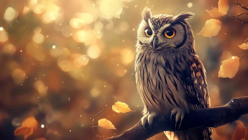 Majestic owl on autumn branch, digital art with warm bokeh background.