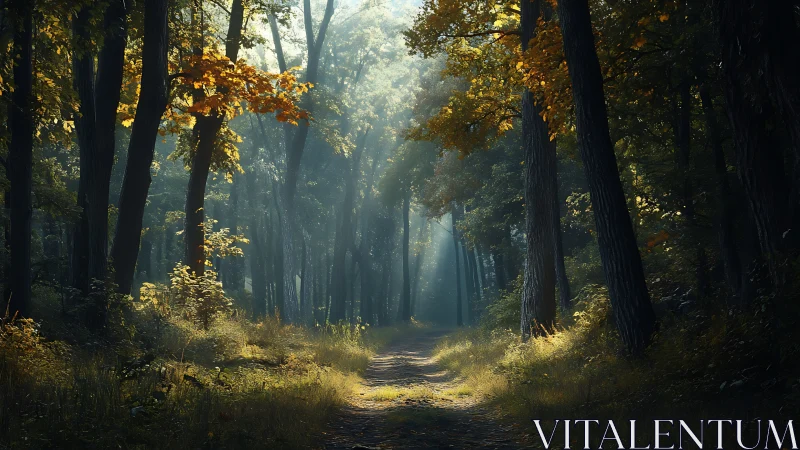Sunlit Forest Path Through Golden Autumn Trees
