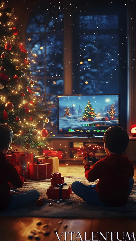 Christmas living room gaming scene with glowing tree décor.
