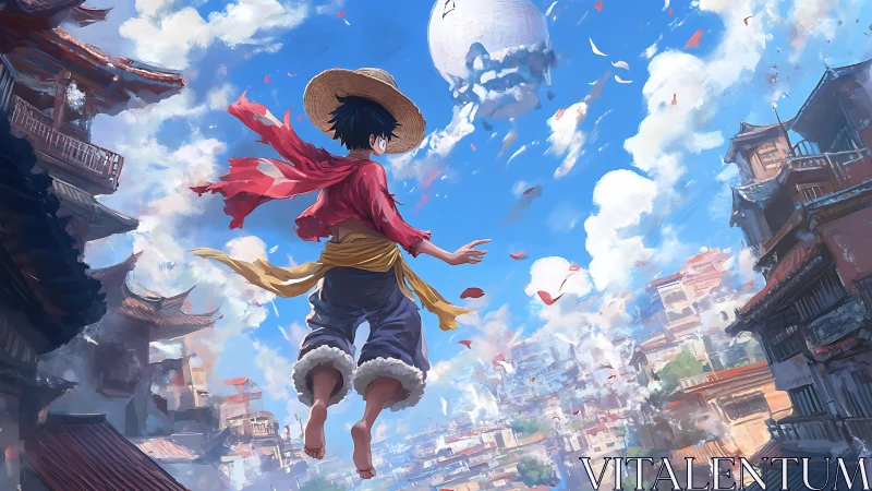 Straw hat hero soars above sunlit fantasy port city
