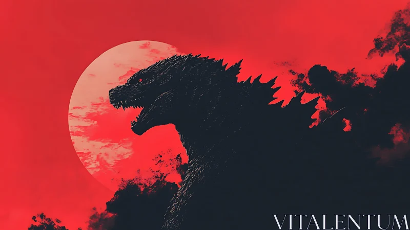 Kaiju silhouette dominates crimson lunar horizon field.