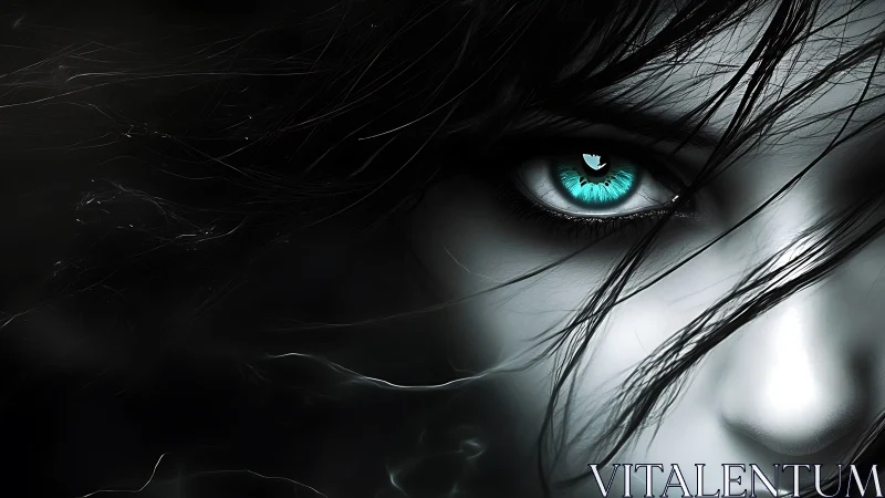 Stormlit turquoise gaze in a shadowy dreamscape portrait.