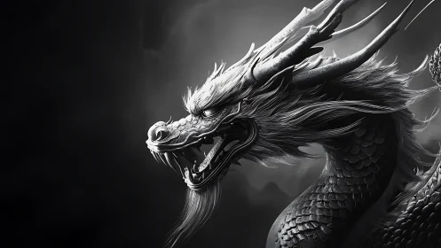 Monochrome side profile of detailed horned dragon head.