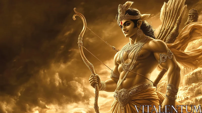 Divine archer stands poised in radiant golden battlefield.