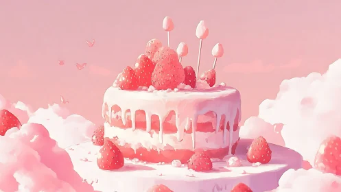 Cloud-Suspended Strawberry Cake Dreams in Bubblegum Pink