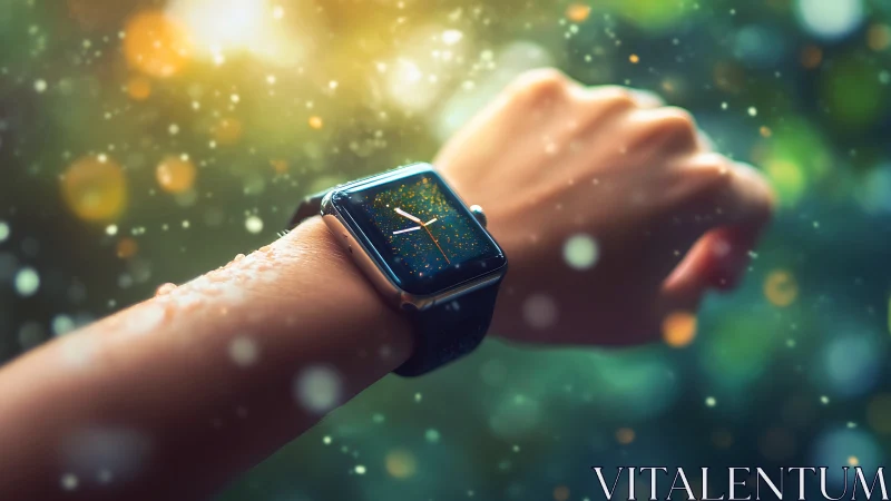 Smartwatch wrist closeup under luminous bokeh particles.