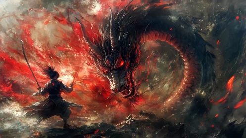 Samurai facing a fiery serpent dragon in stormy chaos.