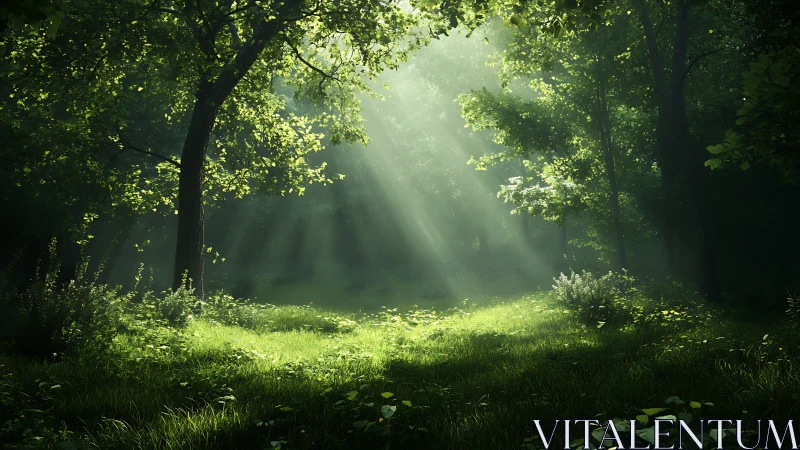 Sunlit forest clearing glows with gentle morning radiance.