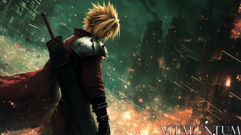 Spiky haired swordsman surveys burning futuristic cityscape