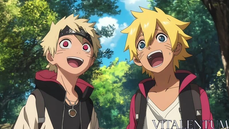 Energetic blond anime friends under sunlit forest canopy.